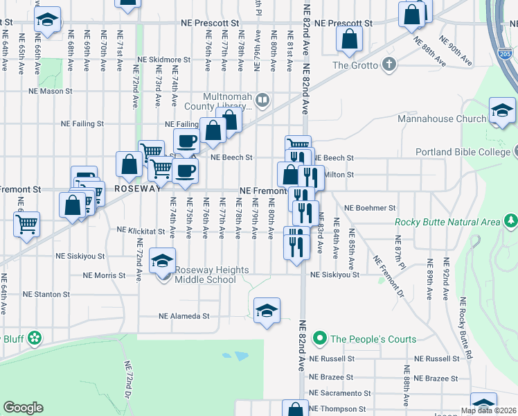 map of restaurants, bars, coffee shops, grocery stores, and more near 3414 Northeast 79th Avenue in Portland