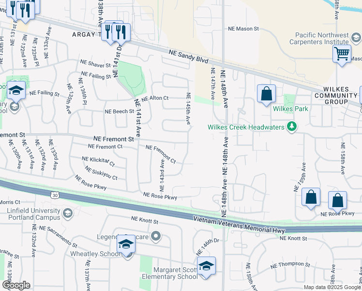 map of restaurants, bars, coffee shops, grocery stores, and more near 14420 Northeast Fremont Street in Portland