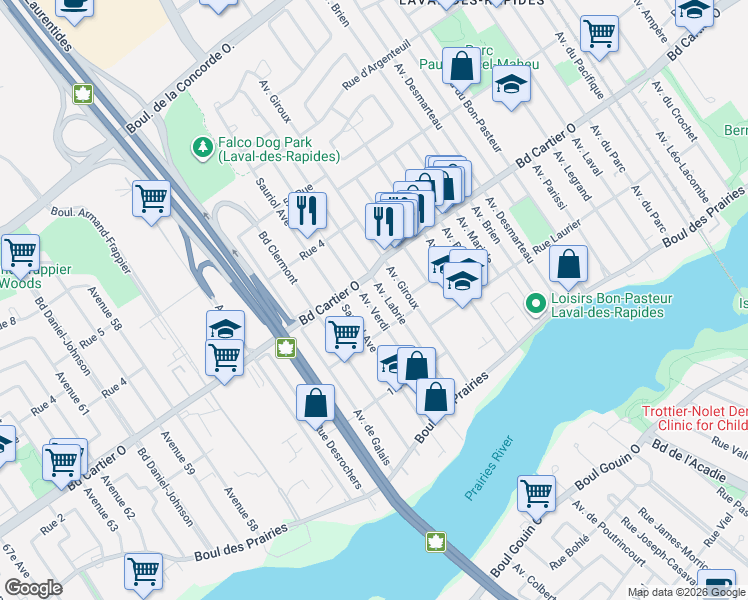 map of restaurants, bars, coffee shops, grocery stores, and more near 89 Avenue Verdi in Laval