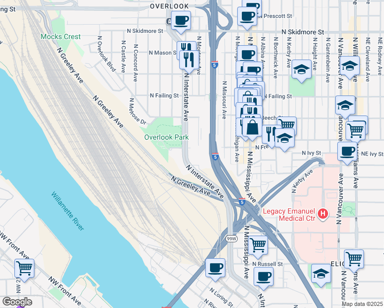 map of restaurants, bars, coffee shops, grocery stores, and more near 3500 North Interstate Avenue in Portland