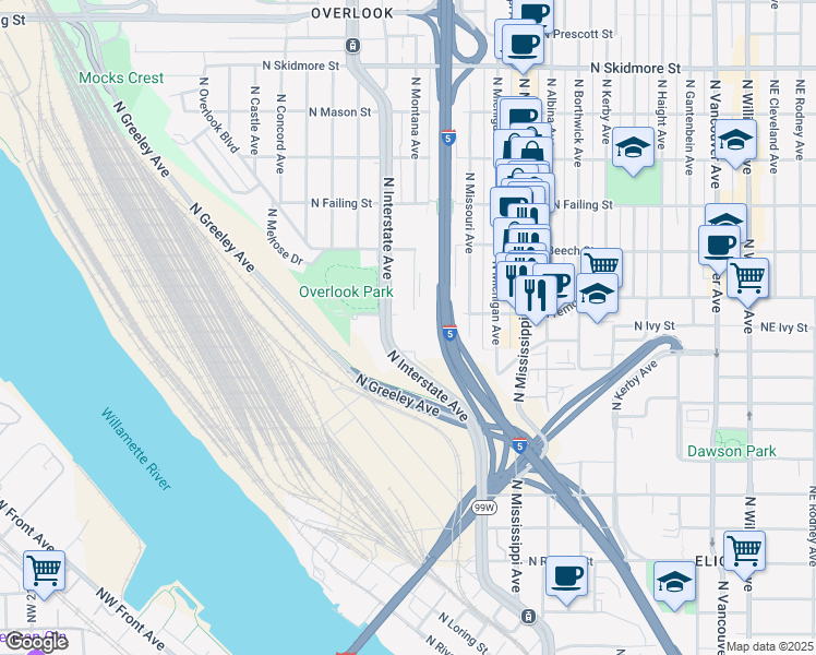 map of restaurants, bars, coffee shops, grocery stores, and more near 3550 North Interstate Avenue in Portland