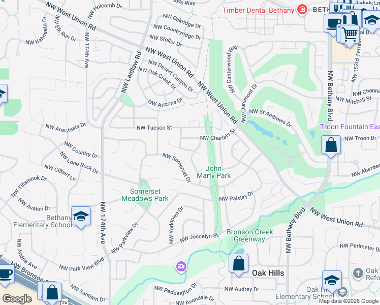 map of restaurants, bars, coffee shops, grocery stores, and more near 3843 Northwest 166th Drive in Beaverton