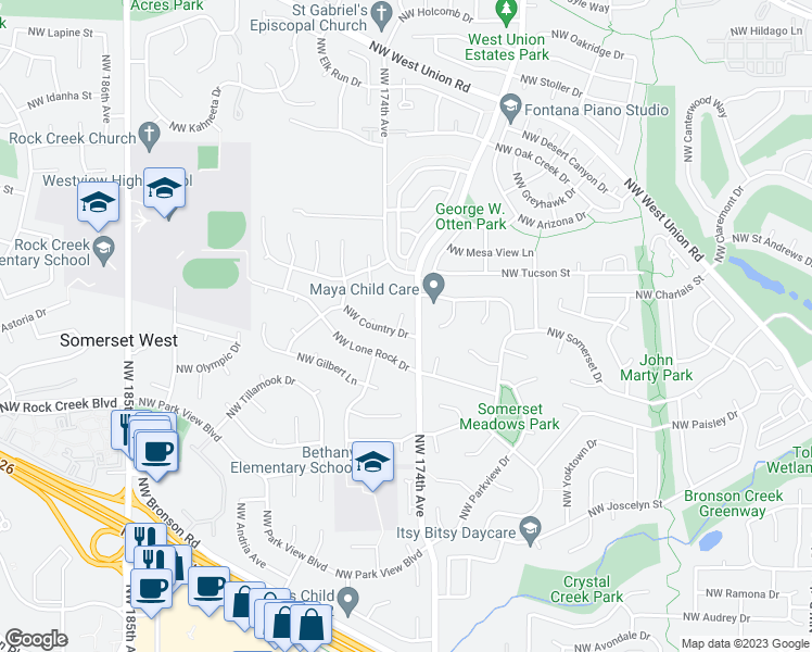 map of restaurants, bars, coffee shops, grocery stores, and more near 17469 Northwest Country Drive in Portland