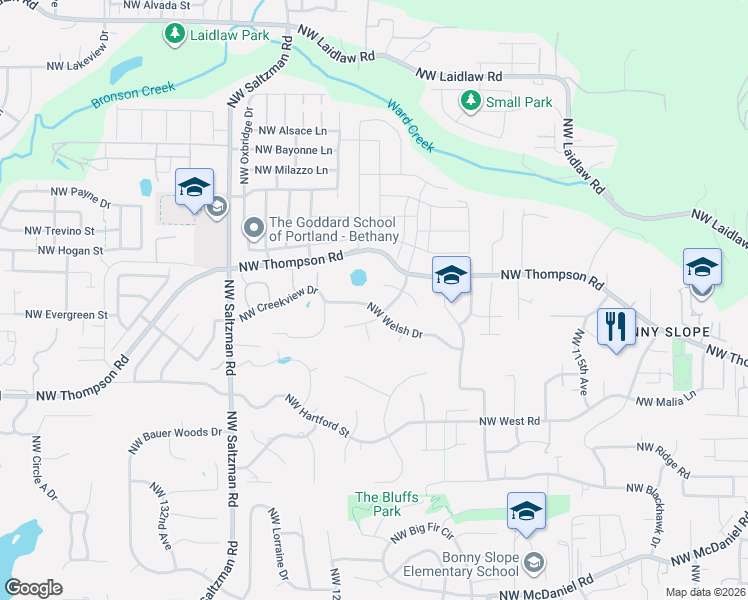 map of restaurants, bars, coffee shops, grocery stores, and more near 12425 Northwest Welsh Drive in Portland