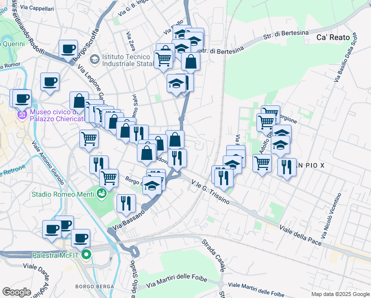 map of restaurants, bars, coffee shops, grocery stores, and more near 127 Via Giovanni Battista Quadri in Vicenza