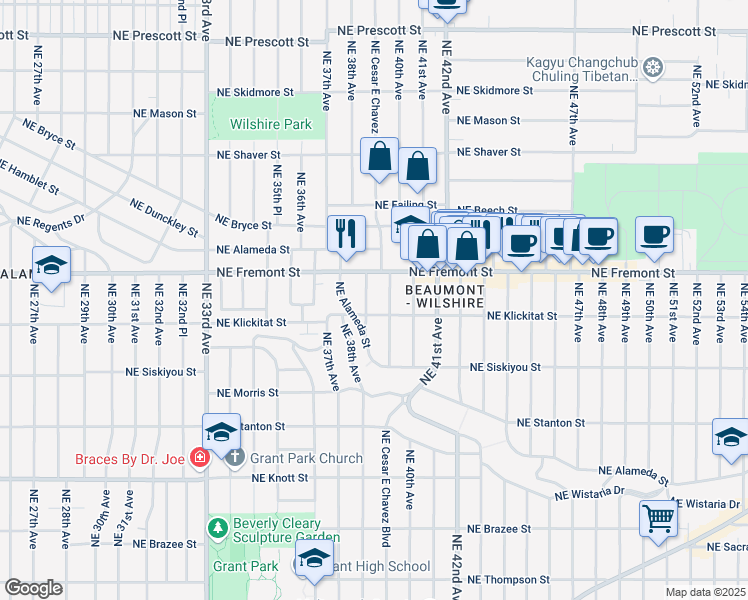 map of restaurants, bars, coffee shops, grocery stores, and more near 3330 Northeast 38th Avenue in Portland