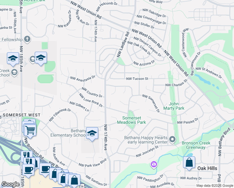 map of restaurants, bars, coffee shops, grocery stores, and more near 3890 Northwest 172nd Place in Beaverton