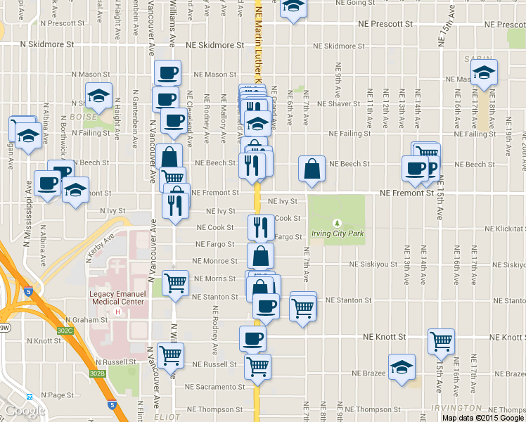 map of restaurants, bars, coffee shops, grocery stores, and more near 427 Northeast Cook Street in Portland