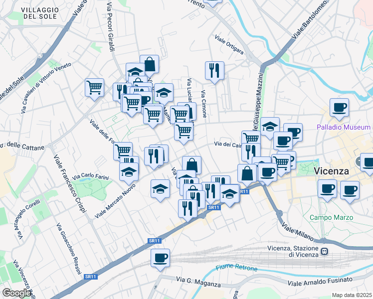 map of restaurants, bars, coffee shops, grocery stores, and more near 56 Via Goffredo Mameli in Vicenza