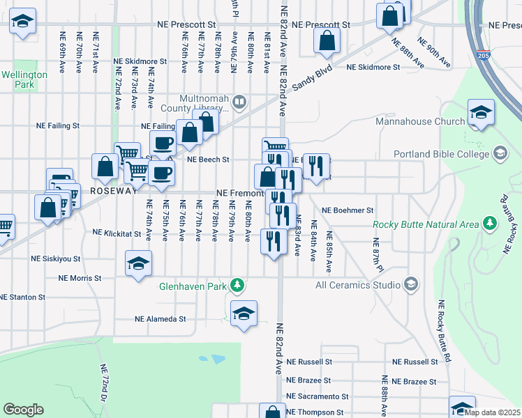map of restaurants, bars, coffee shops, grocery stores, and more near 3417 Northeast 81st Avenue in Portland