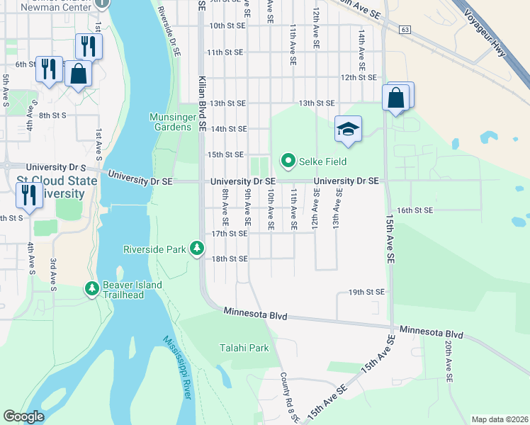 map of restaurants, bars, coffee shops, grocery stores, and more near 1603 10th Avenue Southeast in St. Cloud