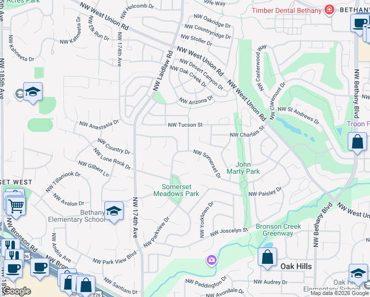 map of restaurants, bars, coffee shops, grocery stores, and more near 3865 Northwest 169th Avenue in Beaverton