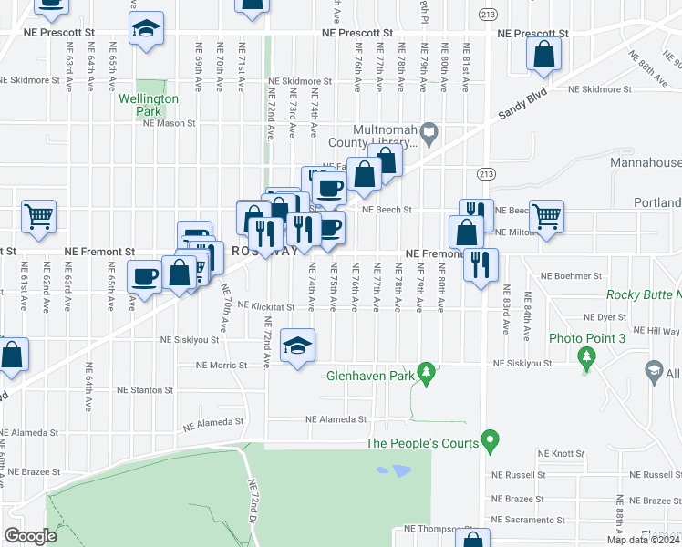 map of restaurants, bars, coffee shops, grocery stores, and more near 3417 Northeast 75th Avenue in Portland