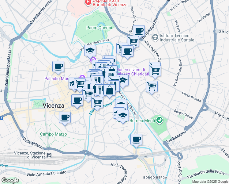 map of restaurants, bars, coffee shops, grocery stores, and more near 17 Viale Antonio Giuriolo in Vicenza