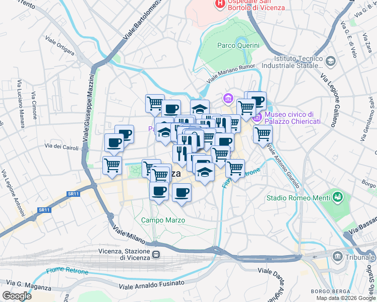 map of restaurants, bars, coffee shops, grocery stores, and more near 17 Galleria del Pozzo Rosso in Vicenza