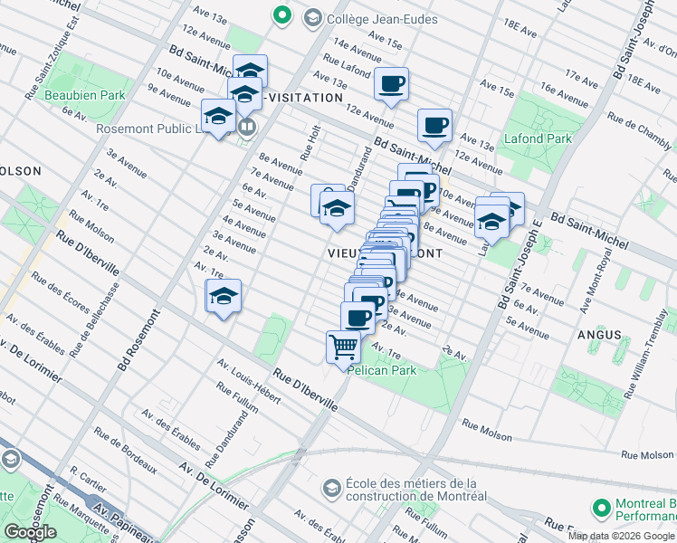 map of restaurants, bars, coffee shops, grocery stores, and more near 5560 4e Avenue in Montréal