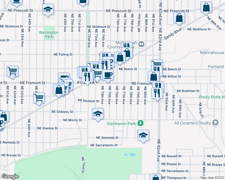 map of restaurants, bars, coffee shops, grocery stores, and more near 3417 Northeast 75th Avenue in Portland
