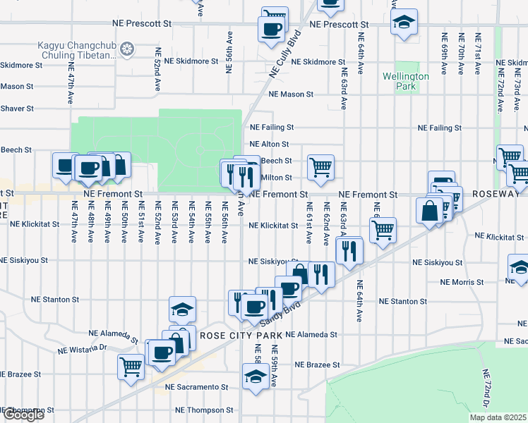 map of restaurants, bars, coffee shops, grocery stores, and more near 3406 Northeast 59th Avenue in Portland