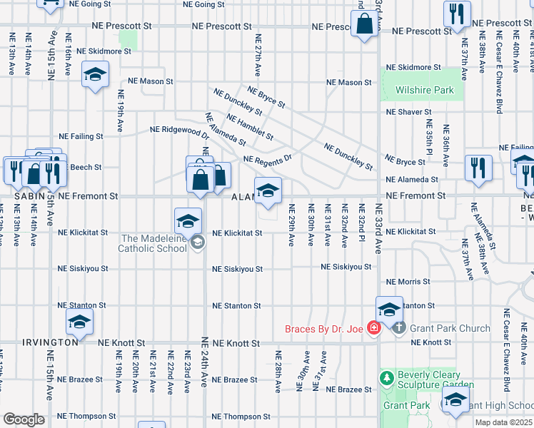 map of restaurants, bars, coffee shops, grocery stores, and more near 2732 Northeast Fremont Street in Portland