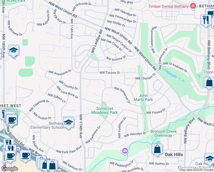 map of restaurants, bars, coffee shops, grocery stores, and more near 3865 Northwest 169th Avenue in Beaverton