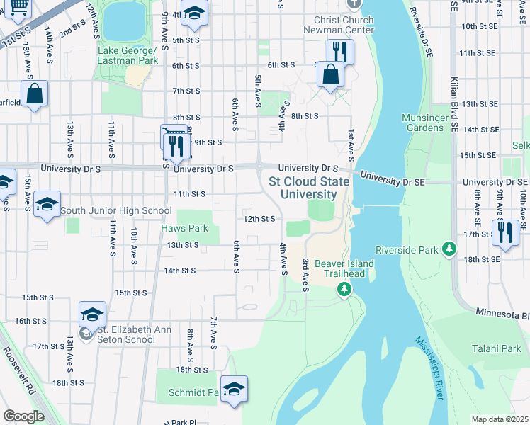 map of restaurants, bars, coffee shops, grocery stores, and more near 1123 4th Avenue South in St. Cloud