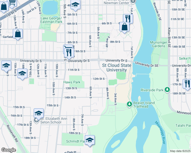 map of restaurants, bars, coffee shops, grocery stores, and more near 523 12th Street South in St. Cloud