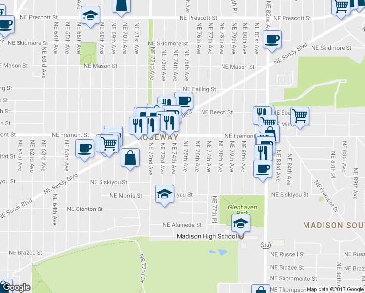 map of restaurants, bars, coffee shops, grocery stores, and more near 3417 Northeast 75th Avenue in Portland