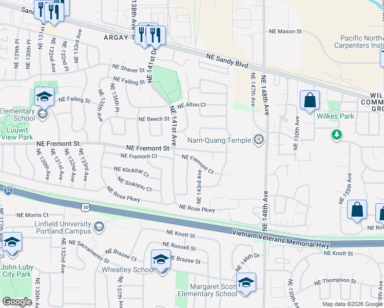 map of restaurants, bars, coffee shops, grocery stores, and more near 14205 Northeast Fremont Court in Portland
