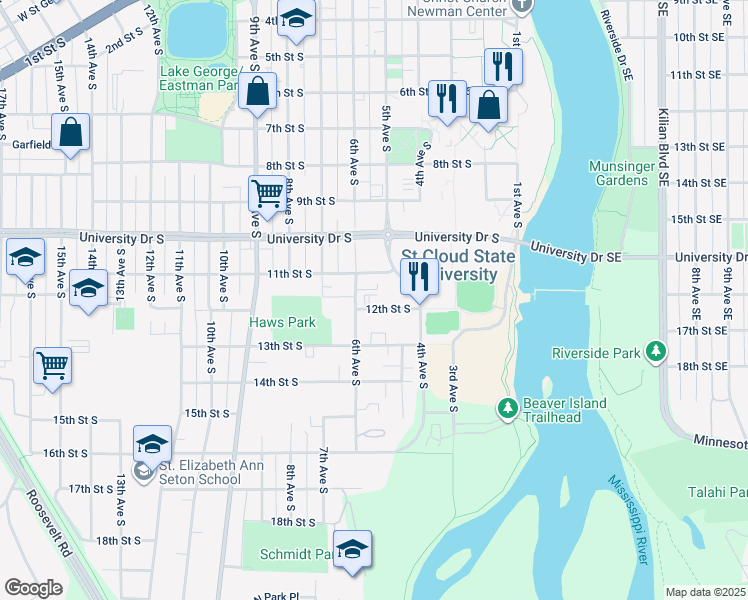 map of restaurants, bars, coffee shops, grocery stores, and more near 523 12th Street South in St. Cloud