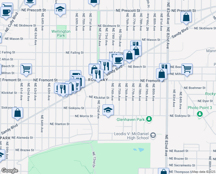 map of restaurants, bars, coffee shops, grocery stores, and more near 3414 NE 73rd Ave in Portland