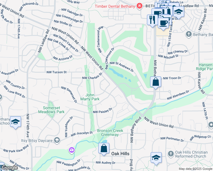 map of restaurants, bars, coffee shops, grocery stores, and more near 3891 Northwest Craig Drive in Beaverton