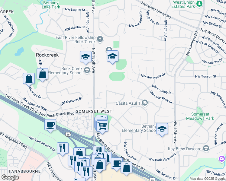 map of restaurants, bars, coffee shops, grocery stores, and more near 18225 Northwest Corinthian Street in Portland