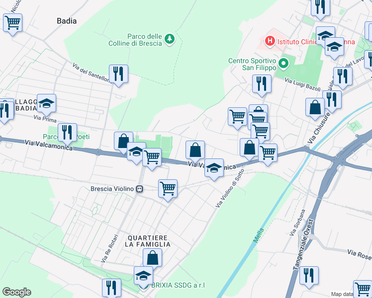 map of restaurants, bars, coffee shops, grocery stores, and more near 6 Via Fortunato Canevali in Brescia