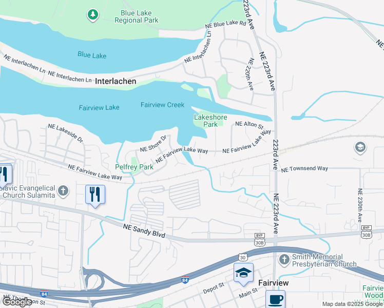 map of restaurants, bars, coffee shops, grocery stores, and more near 21600 Northeast Fairview Lake Way in Fairview