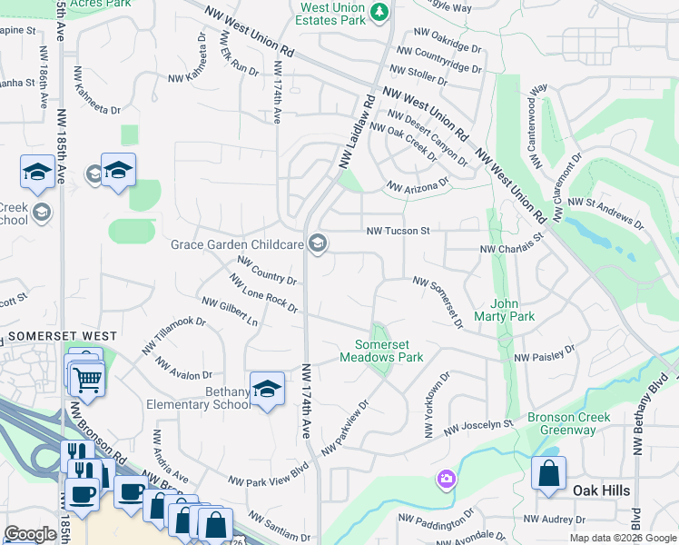 map of restaurants, bars, coffee shops, grocery stores, and more near 3890 Northwest 172nd Place in Beaverton