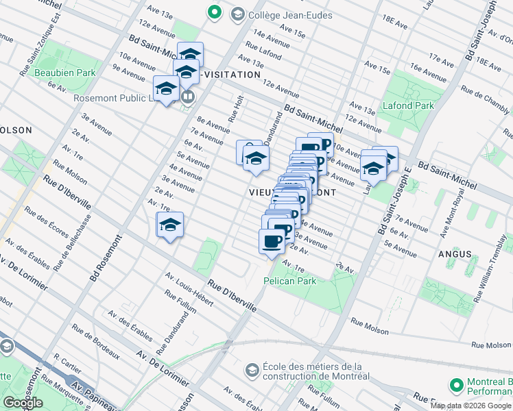 map of restaurants, bars, coffee shops, grocery stores, and more near 5560 4e Avenue in Montréal