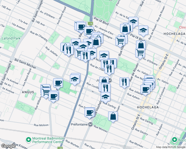 map of restaurants, bars, coffee shops, grocery stores, and more near 2700 Rue Joliette in Montréal