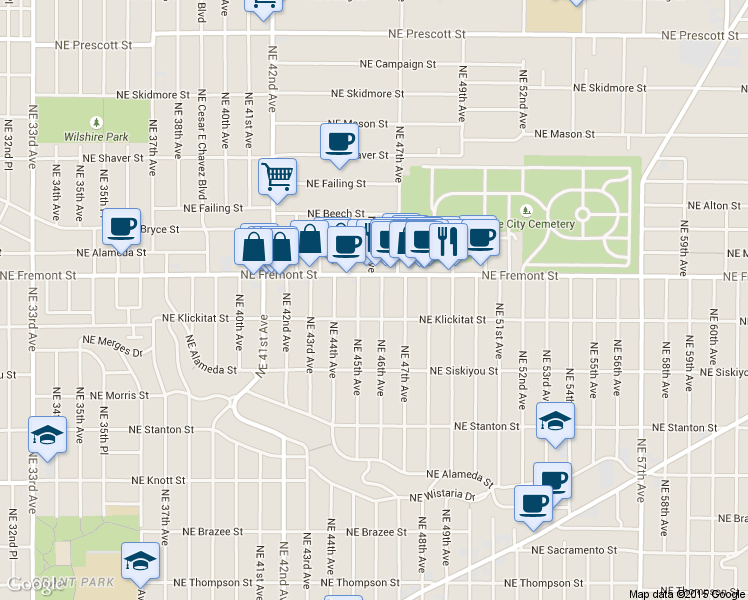 map of restaurants, bars, coffee shops, grocery stores, and more near 3333 Northeast 46th Avenue in Portland