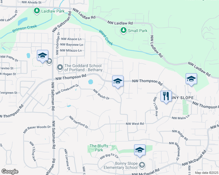 map of restaurants, bars, coffee shops, grocery stores, and more near 3840 Northwest Loy Court in Portland