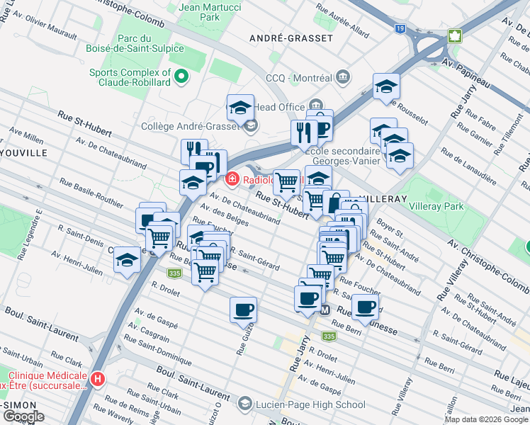 map of restaurants, bars, coffee shops, grocery stores, and more near 8443 Avenue De Chateaubriand in Montréal