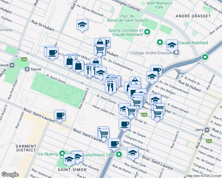map of restaurants, bars, coffee shops, grocery stores, and more near in Montréal