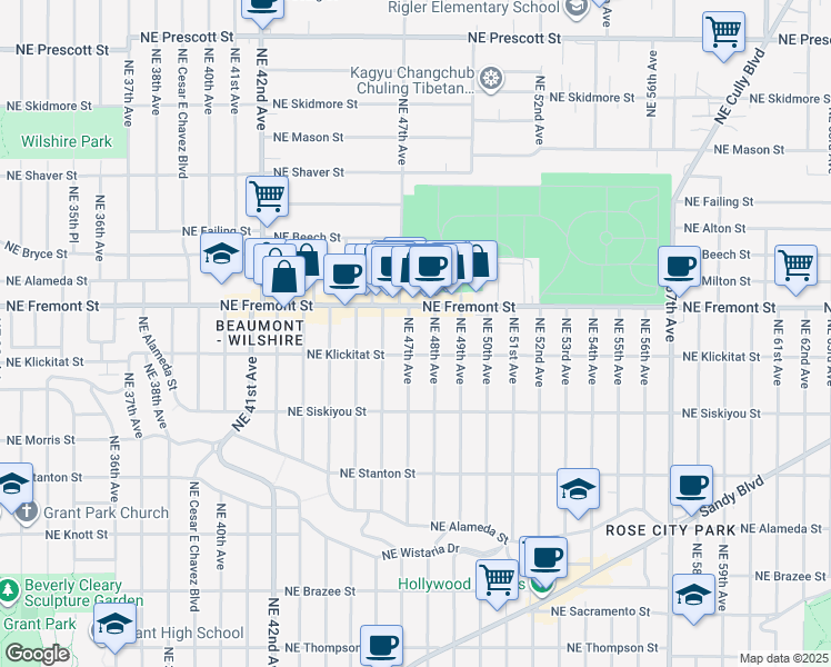 map of restaurants, bars, coffee shops, grocery stores, and more near 3334 Northeast 47th Avenue in Portland