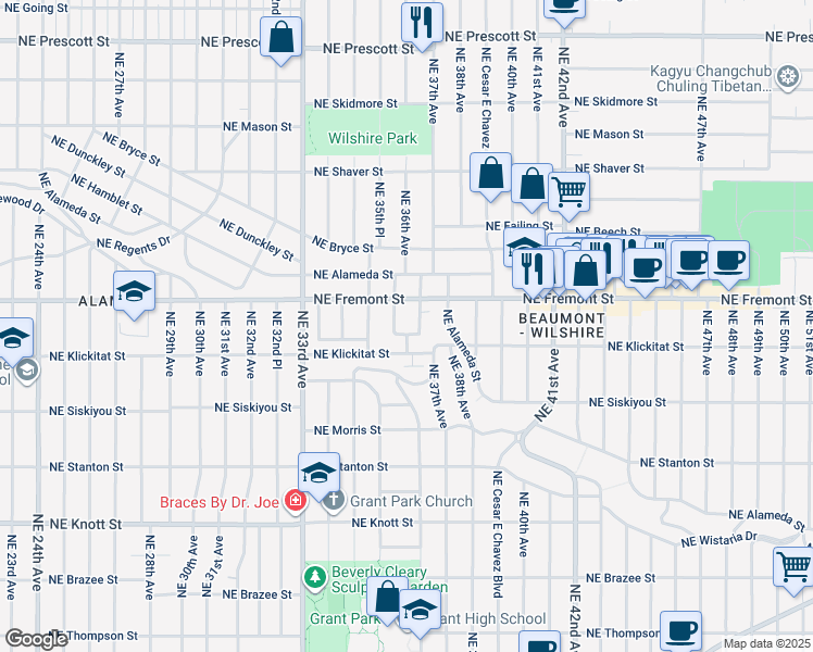 map of restaurants, bars, coffee shops, grocery stores, and more near 3601 Northeast Maltby Street in Portland