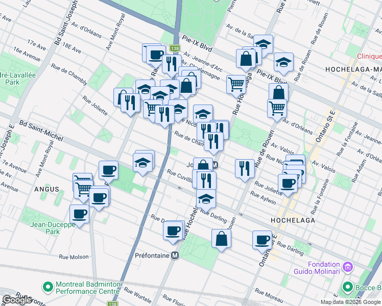 map of restaurants, bars, coffee shops, grocery stores, and more near 2611 Rue Joliette in Montréal