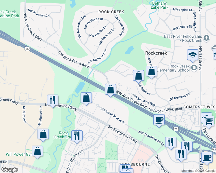 map of restaurants, bars, coffee shops, grocery stores, and more near 19840 Northwest Rock Creek Boulevard in Portland