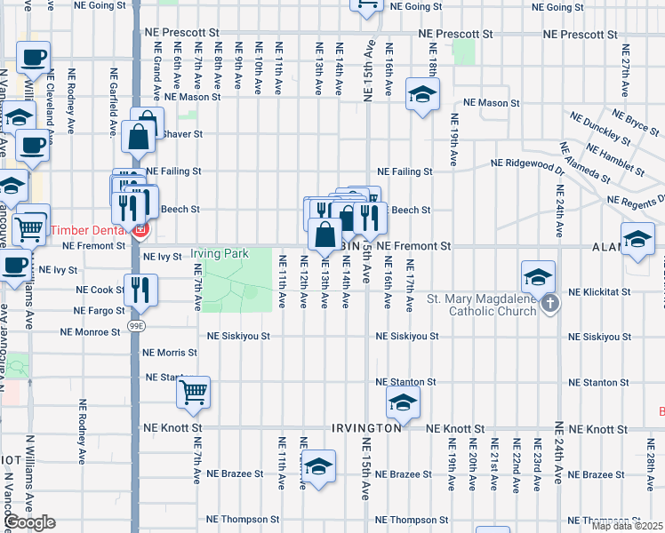 map of restaurants, bars, coffee shops, grocery stores, and more near 3402 NE 13th Ave in Portland