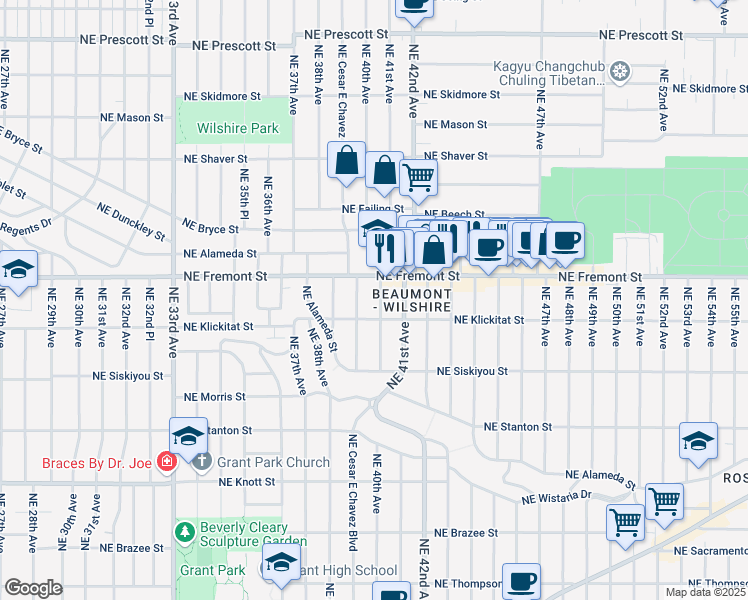 map of restaurants, bars, coffee shops, grocery stores, and more near 3333 Northeast 40th Avenue in Portland