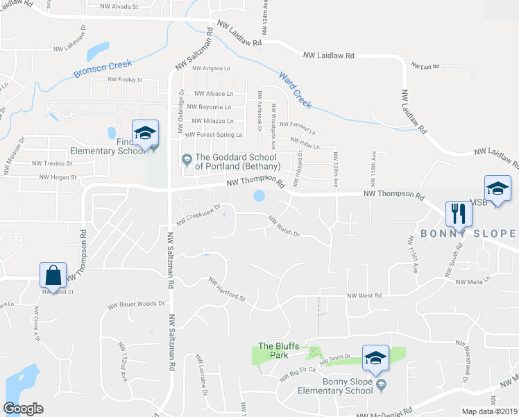 map of restaurants, bars, coffee shops, grocery stores, and more near 12469 Northwest Welsh Drive in Portland
