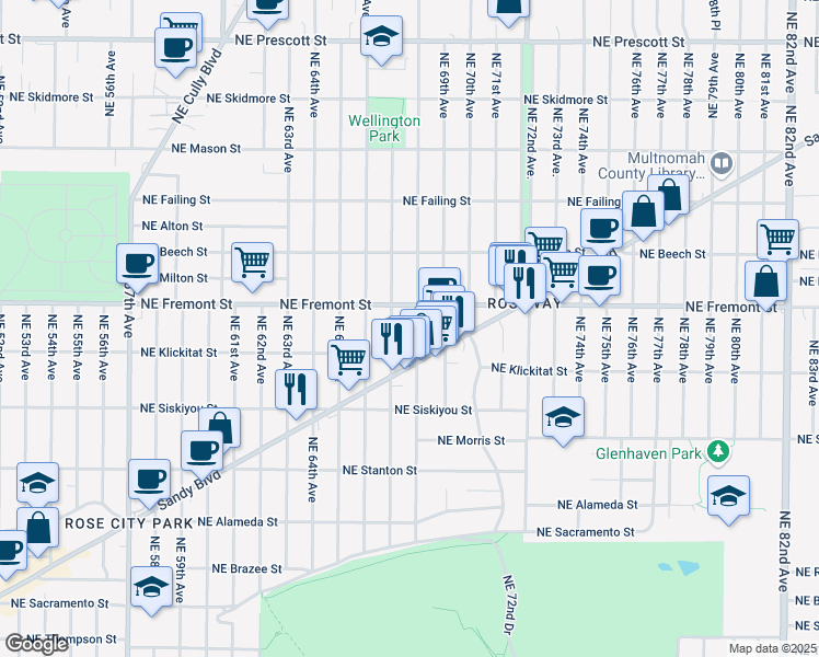 map of restaurants, bars, coffee shops, grocery stores, and more near 3407 Northeast 68th Avenue in Portland