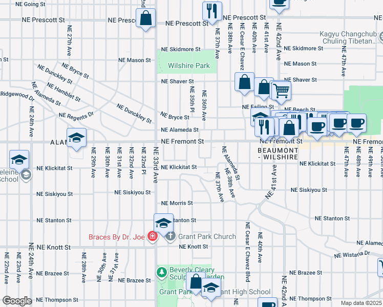 map of restaurants, bars, coffee shops, grocery stores, and more near 3424 Northeast 35th Avenue in Portland